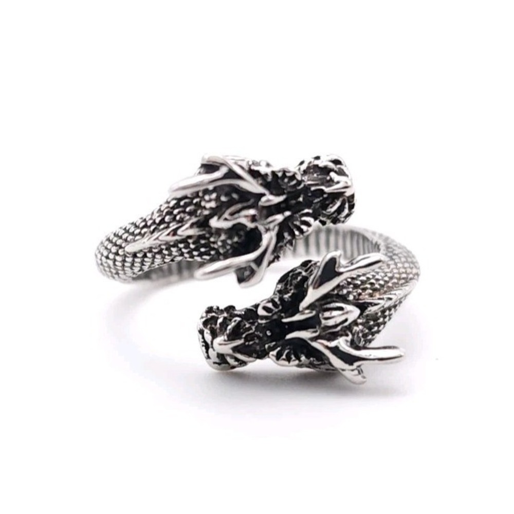 Dueling Dragon Head Ring Silver Plated Adjustable Fantasy Gothic Jewelry - Picture 1 of 9